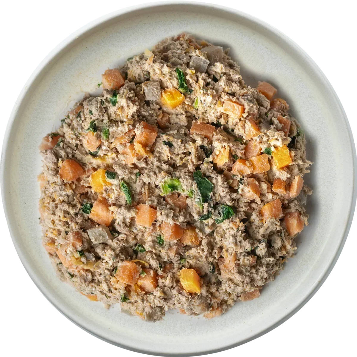 Close-up of NutriCanine’s fresh pork dog food, showing tender, gently cooked pork pieces mixed with wholesome vegetables in a nutritious, balanced meal