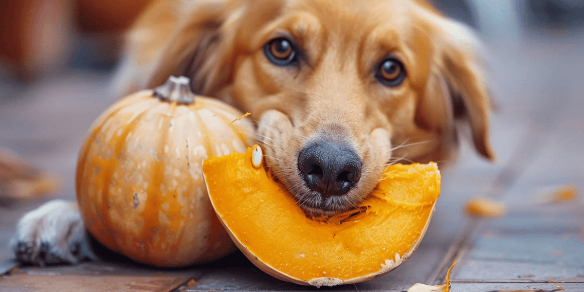 A golden-brown dog lies on a patio with a playful expression, holding a sliced pumpkin in its mouth. Autumn vibes are captured in natural light.