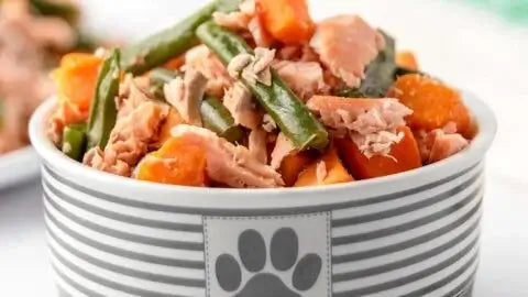Fresh cooked dog food with salmon, sweet potato, and green beans in a grey ceramic dog bowl