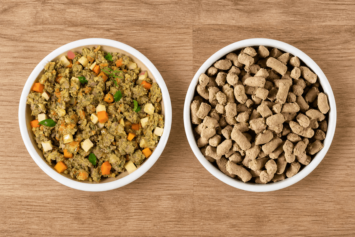 Fresh cooked dog food with visible vegetables and meat beside a bowl of freeze dried dog food nuggets on a wooden surface