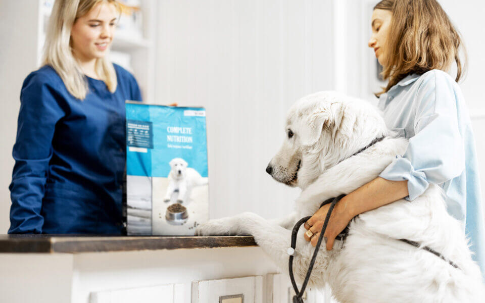 A cheerful woman in a blue veterinarian uniform stands at a counter with dog food. A white dog, held by another smiling woman, leans on the counter, creating a warm, friendly atmosphere.