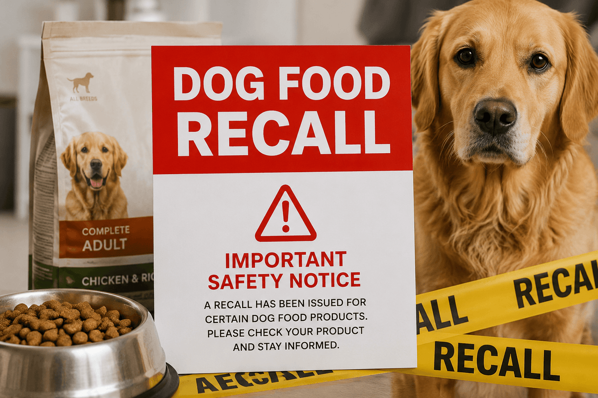 Dog food recall warning sign with a golden retriever sitting beside a bowl of kibble and yellow recall tape