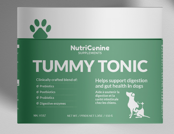 Green and white NutriCanine Tummy Tonic box with paw print. Highlights prebiotics, probiotics, for dog digestion health. Calm, medically supportive design