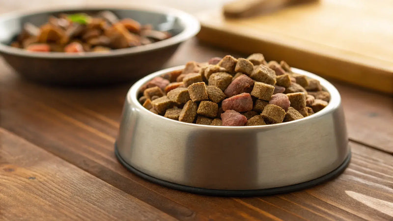 Bowl of freeze dried dog food in a stainless steel dish with a bowl of fresh cooked dog food blurred in the background on a wooden table