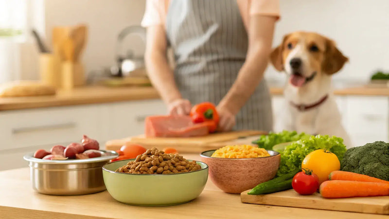 A beagle watches attentively as their owner prepares homemade dog food at a kitchen counter surrounded by fresh vegetables, raw meat, and a bowl of kibble, illustrating the difference between commercial and home-cooked dog food options.
