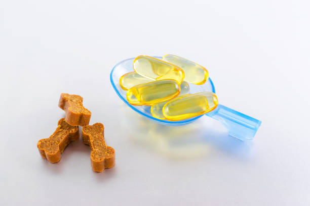 Blue spoon holds yellow capsules on white surface, beside three bone-shaped dog treats. The image conveys care and health for pets.