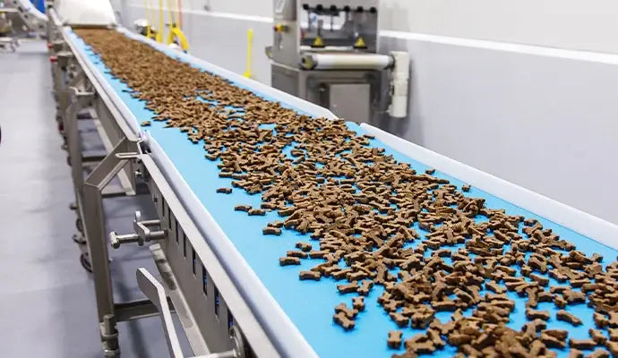 Dog food kibble pieces moving along a conveyor belt in a commercial pet food manufacturing facility