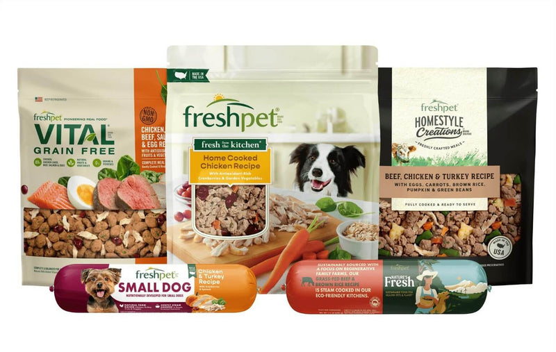 Freshpet dog food product lineup including Vital Grain Free, Fresh from the Kitchen Home Cooked Chicken Recipe, Homestyle Creations Beef Chicken and Turkey, Nature's Fresh, and Small Dog rolls displayed together