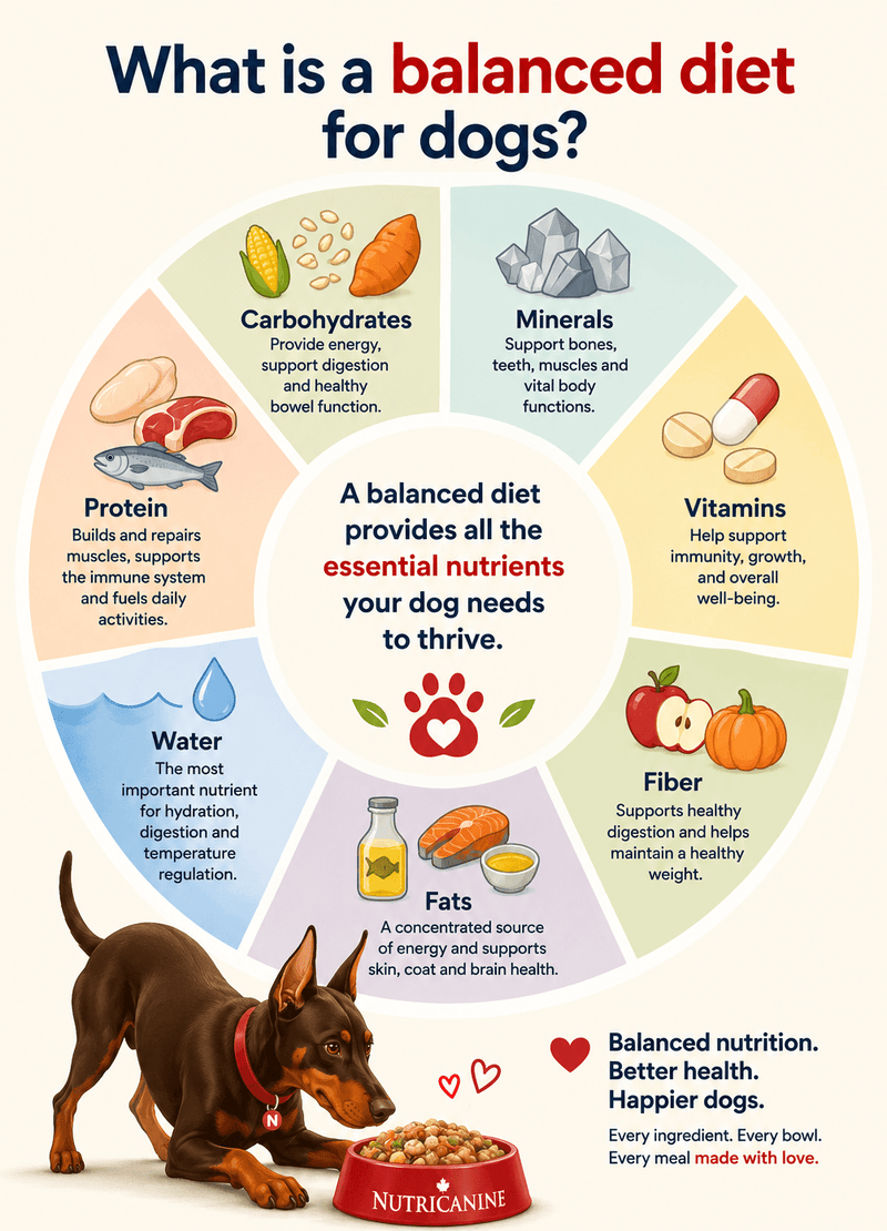 Illustrated infographic showing a wheel diagram of the six essential nutrients for dogs including protein, carbohydrates, fats, vitamins, minerals, and water, with a Doberman eating from a NutriCanine bowl at the bottom.