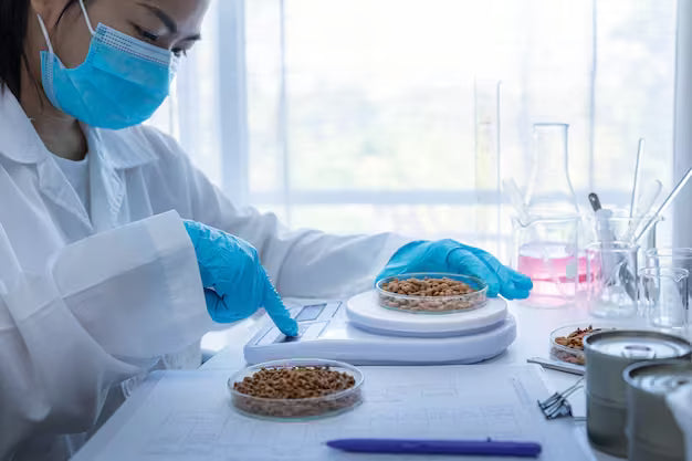  A female scientist in a lab setting, wearing blue gloves and a mask, carefully examines samples of canned pet food for safety.