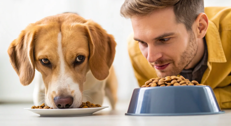 A man and a dog lie side-by-side on the floor, each with bowls of food. The man humorously mimics the dog's pose, creating a playful atmosphere.