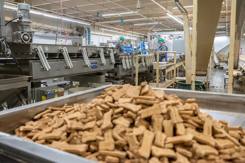  Workers in hard hats overseeing large-scale dog treat production on an industrial manufacturing floor