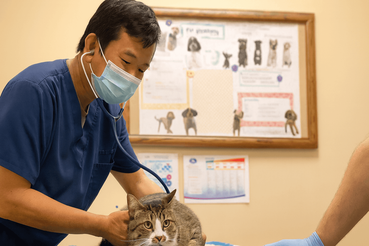 Veterinarian in scrubs uses a stethoscope on a calm tabby cat. A bulletin board with pet posters is visible in the background. Calm, caring atmosphere.
