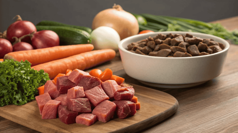 A wooden board with raw meat chunks and vegetables like carrots, lettuce, and onions. A bowl of pet kibble is in the background on a wooden table.