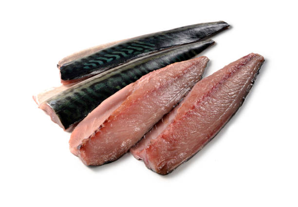 Four raw mackerel fillets on a white background. Two show shiny, dark skin with green patterns, while the others display pink, fresh flesh.