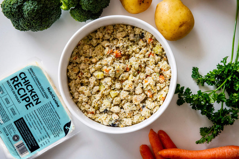 A bowl of mixed chicken dish surrounded by fresh broccoli, potatoes, carrots, and parsley on a white surface. A packaged "NutriCanine Fresh Cooked Chicken Recipe" is nearby.