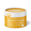 NutriCanine Supplements Skin & Coat Support, a 150 g (5.3 oz) yellow and white round canister for dogs. The label lists benefits for healthy skin, a shiny coat, and a balanced immune response. The lid has a QR code.
