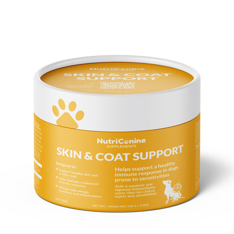 NutriCanine Supplements Skin & Coat Support, a 150 g (5.3 oz) yellow and white round canister for dogs. The label lists benefits for healthy skin, a shiny coat, and a balanced immune response. The lid has a QR code.